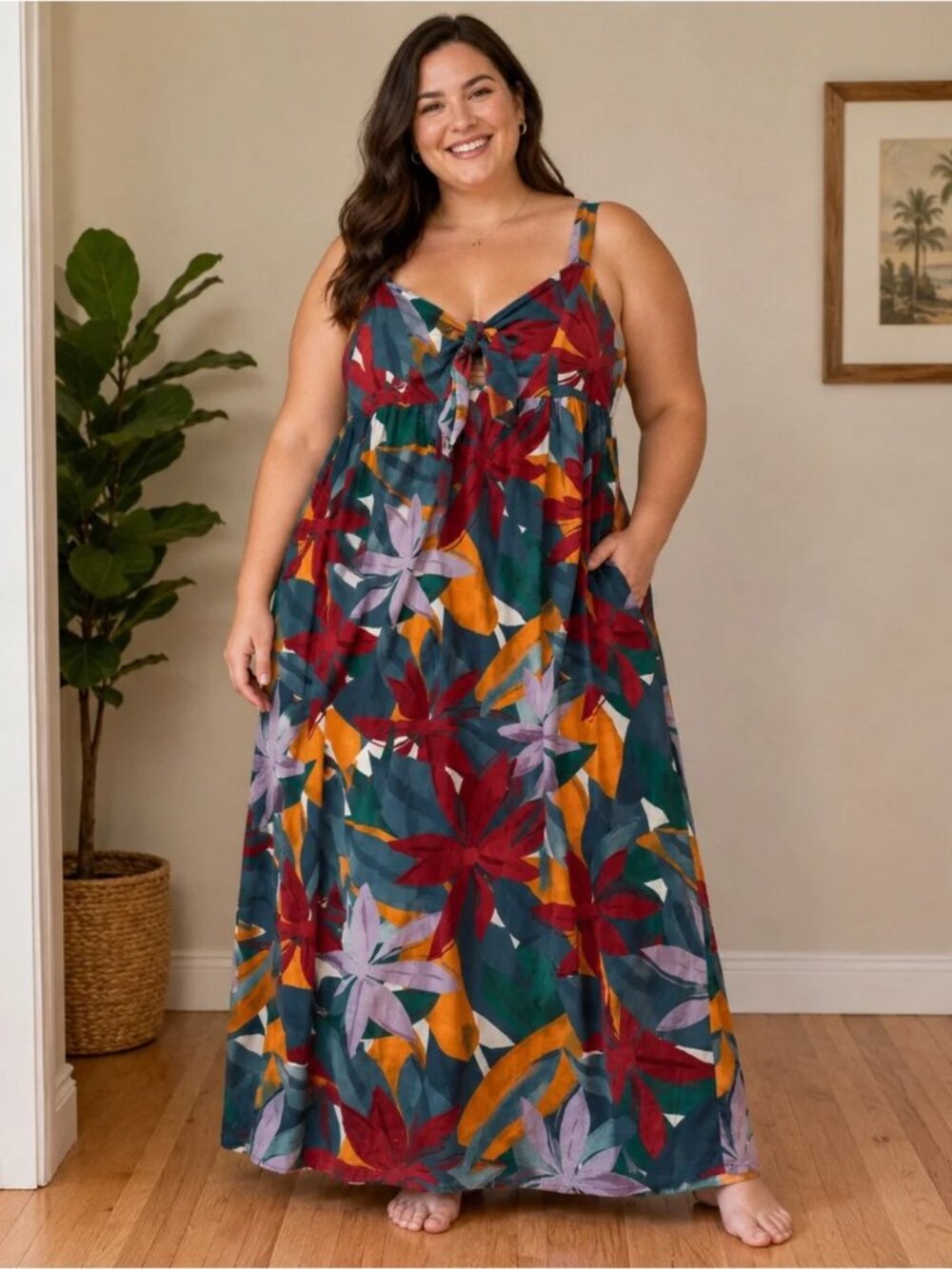 ELOQUII Elements Tropical Floral Linen Blend Tie-Front Maxi Dress Size 22